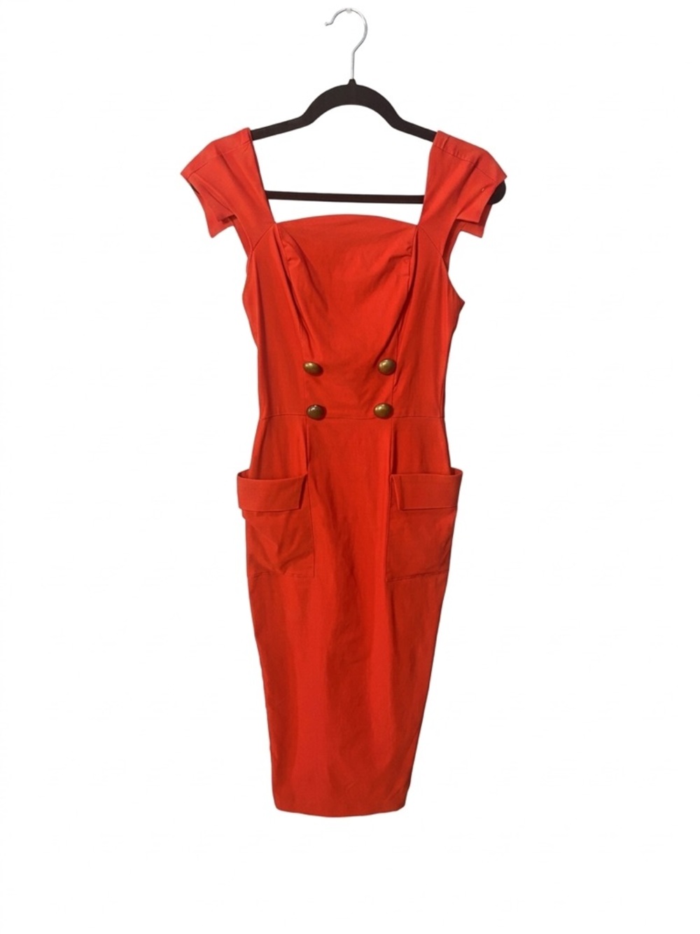 Unique Vintage Barbie Red Midi Sheath Dress with Gold Buttons